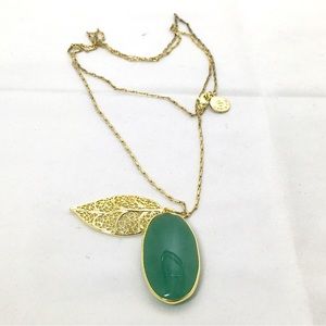 Sapanyu, Long Gold Necklace With Aventurine Pendant And Filagree Leaf